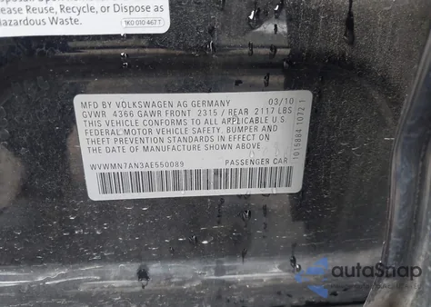 2010 Volkswagen Cc Sport из США, поврежденный, VIN WVWMN7AN3AE550089